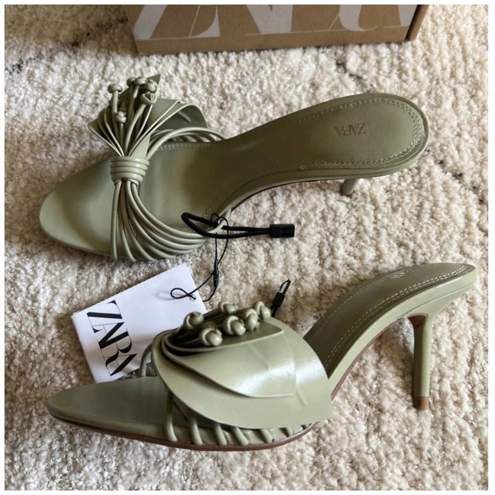 Zara Sage Green Rosette Mule Heels Strappy Sandals NWT - Picture 11 of 16